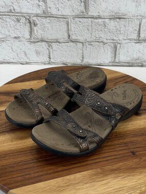 Taos Journey Womens 7 Brown Leather Studded Adjustable Comfort Slide Sandals